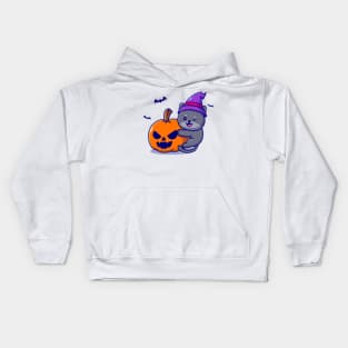 Cute Witch Cat Hug Pumpkin Halloween Cartoon Kids Hoodie